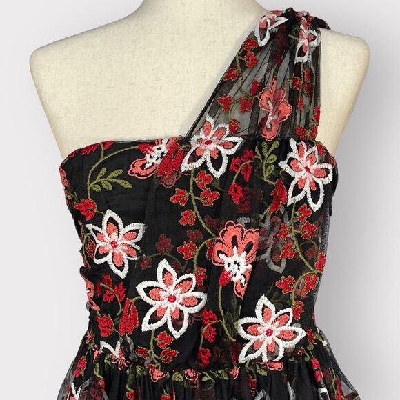 BCBGeneration One Shoulder Mini Dress Women Size 8 Multi Floral Embroidered Mesh - Picture 4 of 13